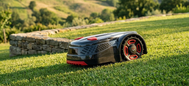 Goalker H3 Pro Mähroboter auf leicht hügeligem Rasen vor niedriger Natursteinmauer