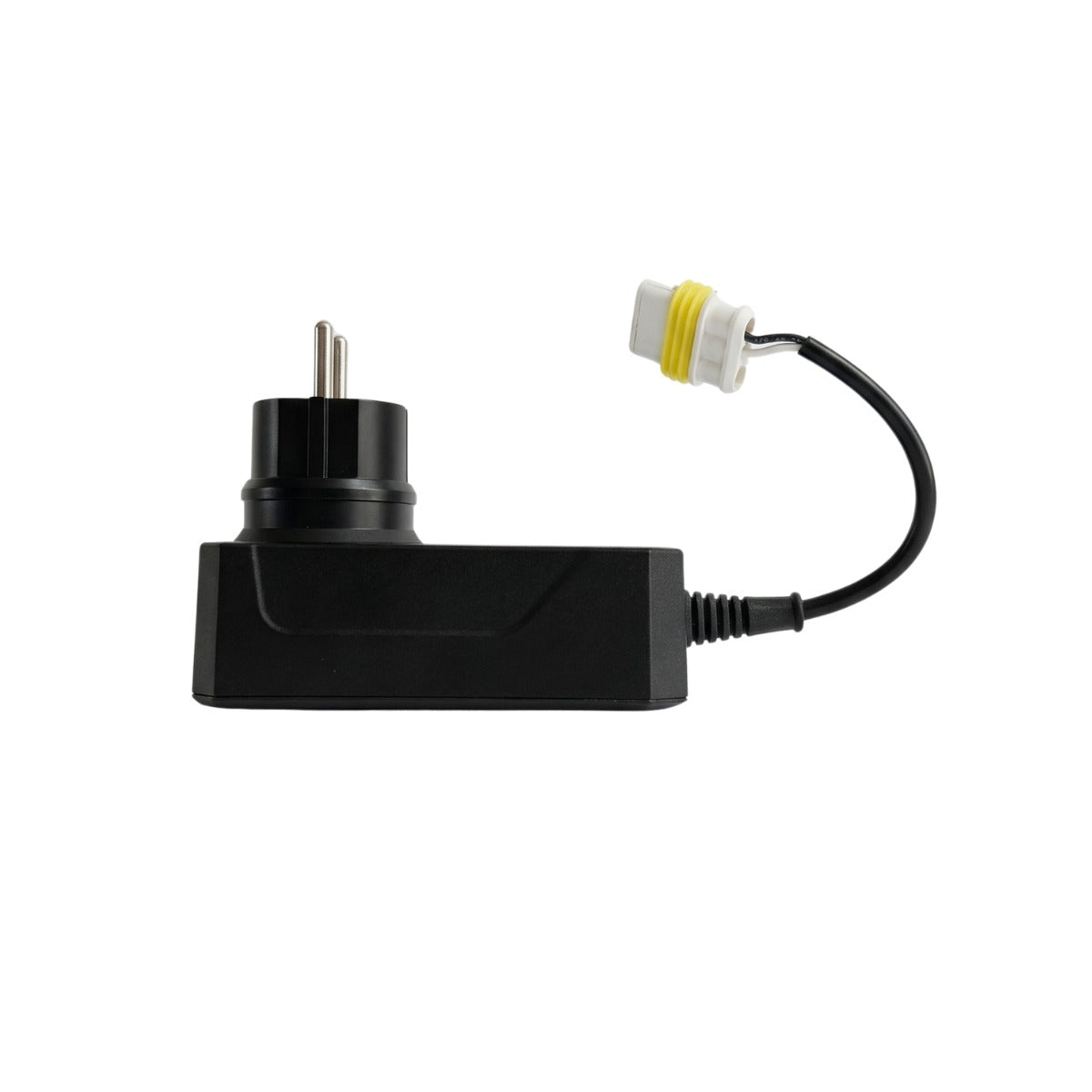 Netzteil mit EU-Stecker und Anschlussstecker am Kabel, schwarzes Gehäuse
