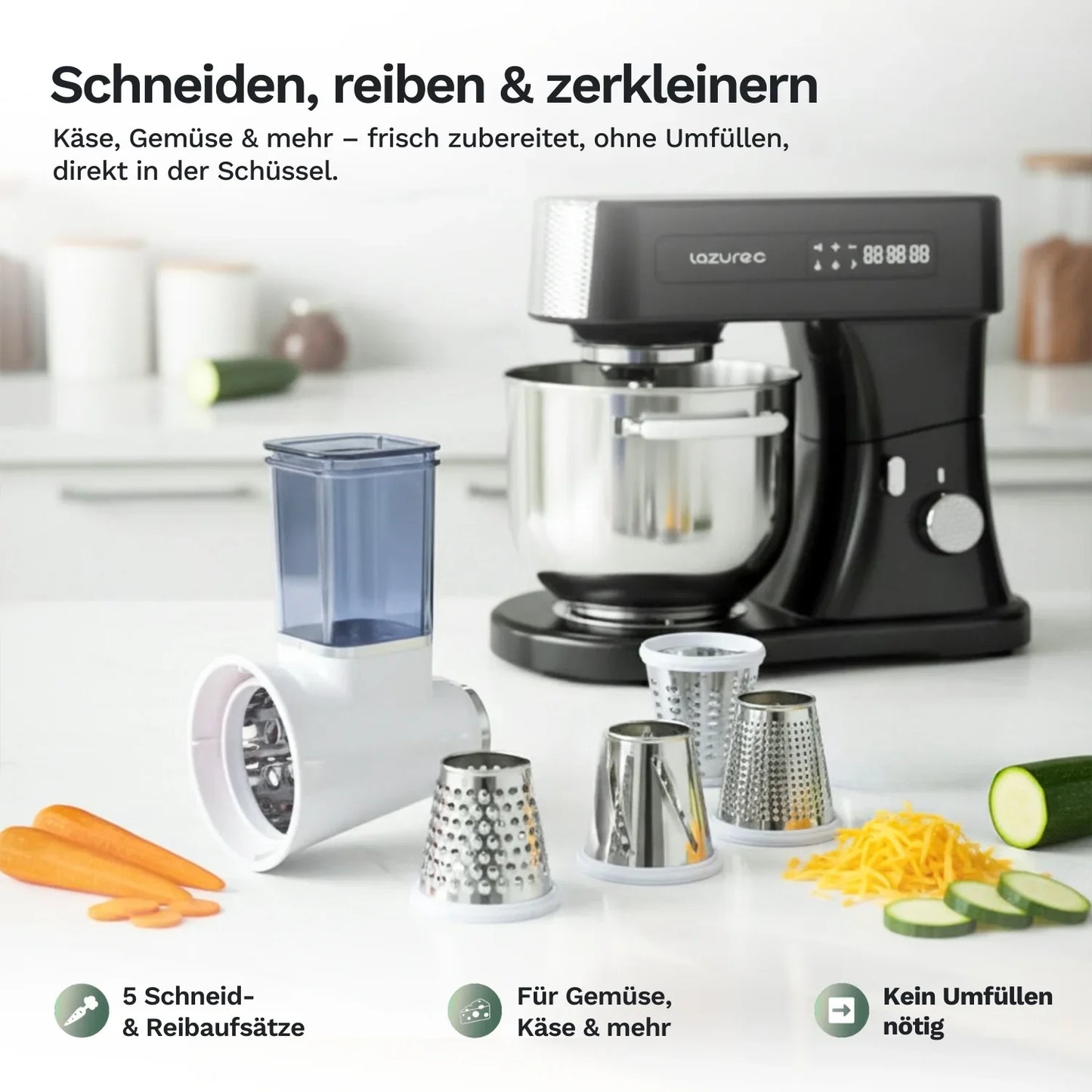 Lazurec Gemüseschneider-Aufsätze: Reibeinsätze, Behälter und Trichter