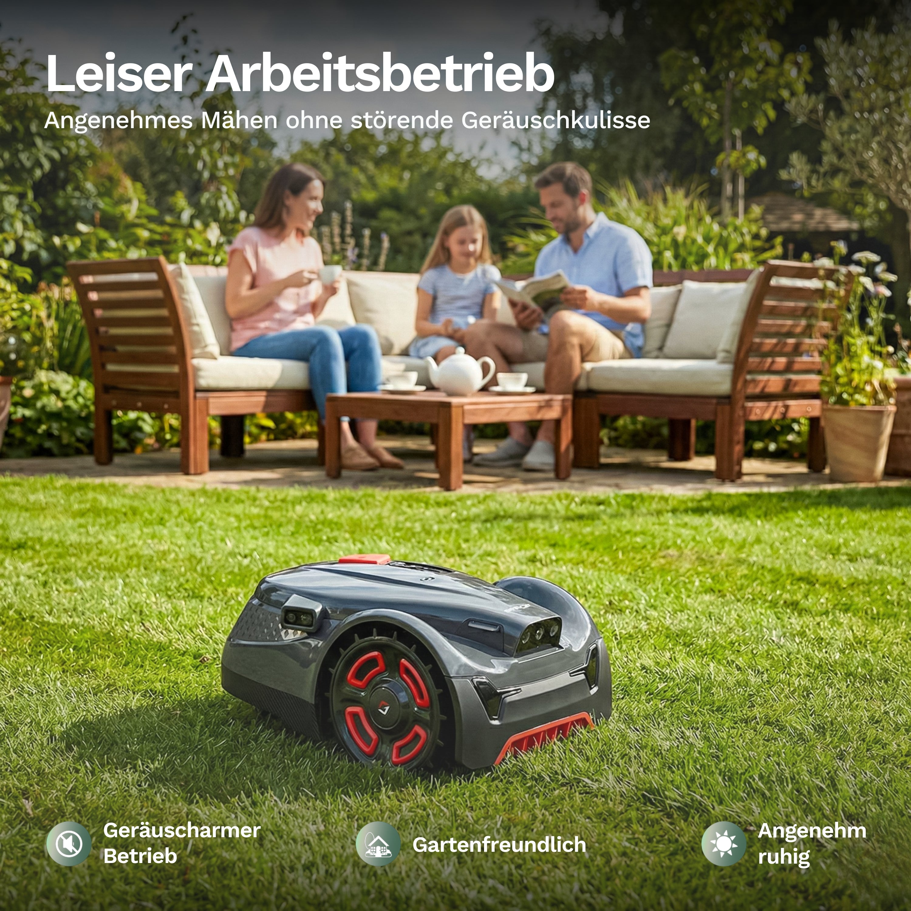 Mähroboter H3 Pro mit roten Rädern, Front-Sensorfenster und STOP-Knopf