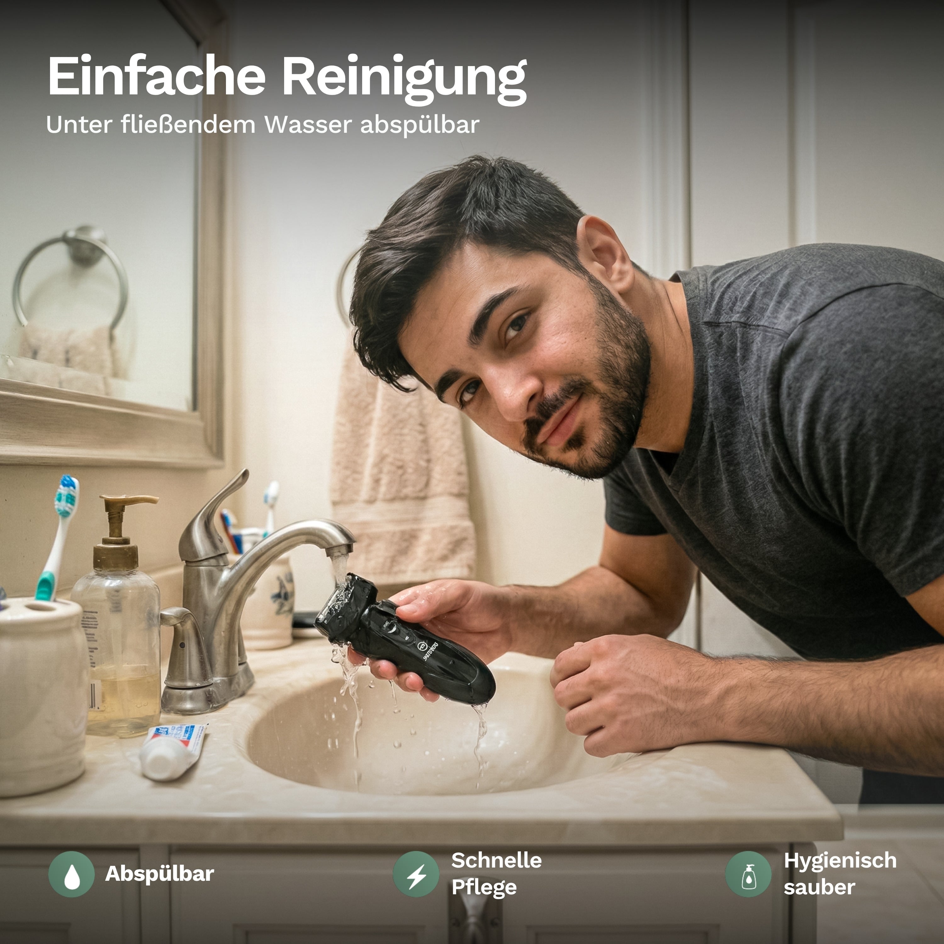 Elektrorasierer unter fließendem Wasser, schwarzer Scherkopf