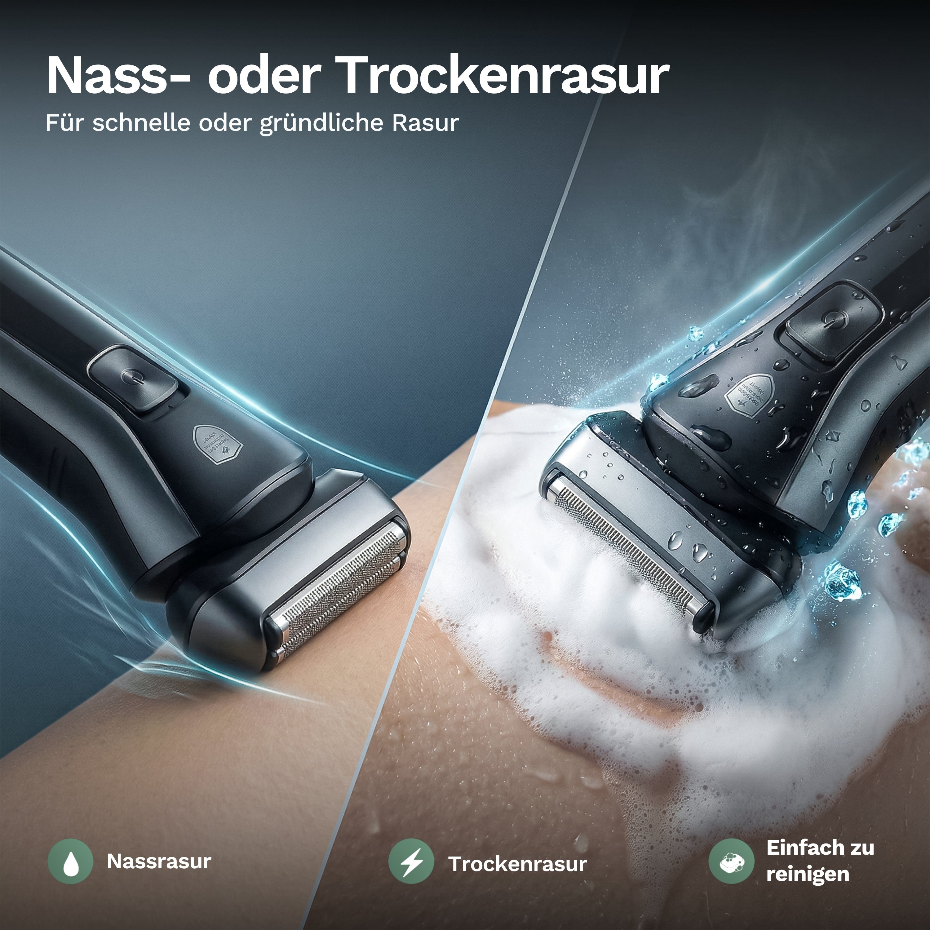 Elektrorasierer mit Scherkopf, links trocken, rechts mit Rasierschaum dargestellt