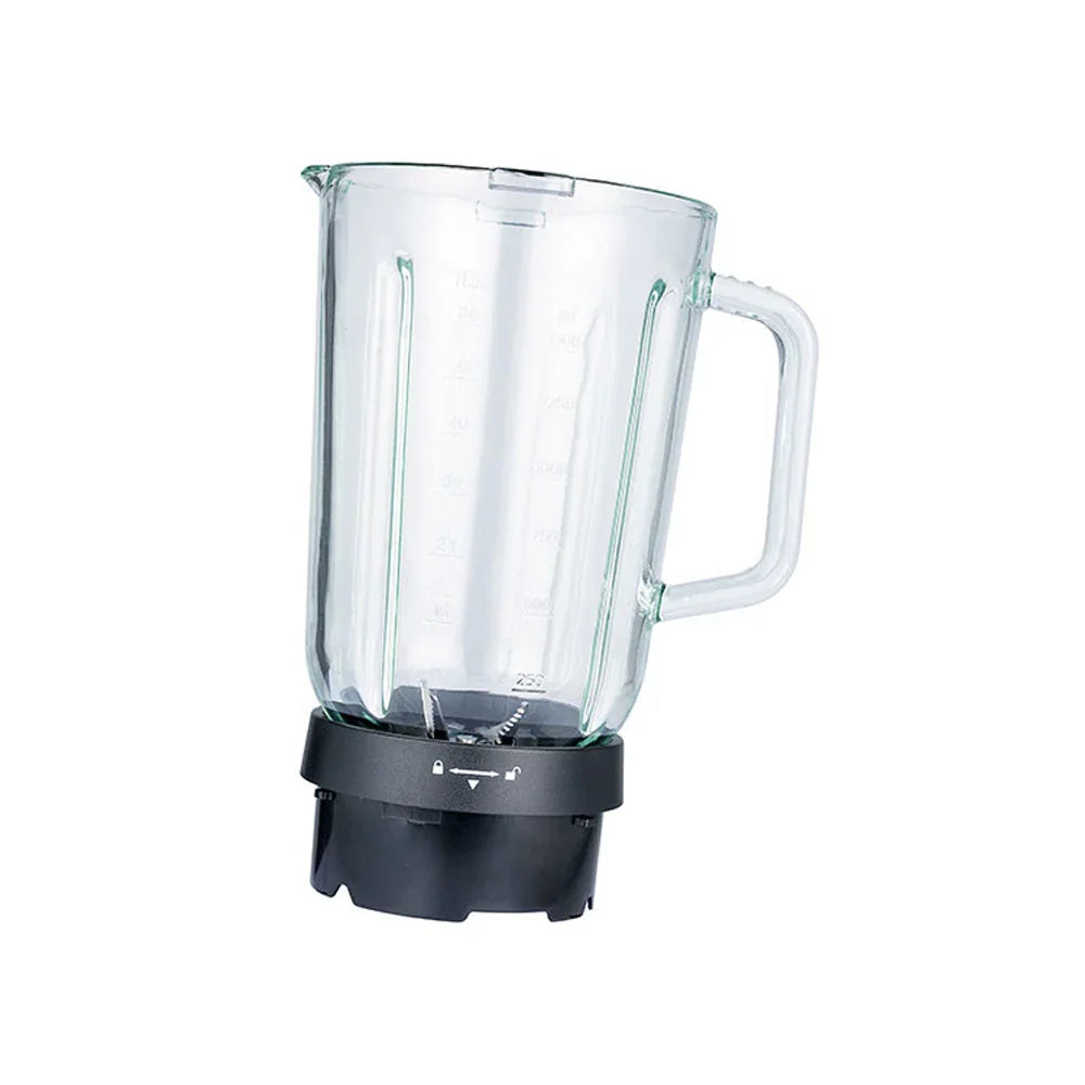 Transparenter Mixkrug mit Messskala und Griff, schwarze Basis