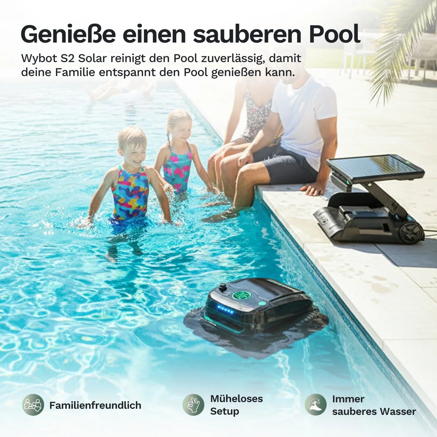 Wybot S2 Solar Poolroboter am Beckenrand, Solarpanel oben sichtbar