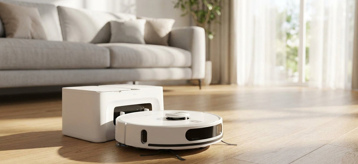 Saug- und Wischroboter mit Absaugstation auf hellem Holzboden im Wohnzimmer – NIVAROQ Ratgeber