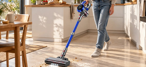 Person saugt mit dem Moosoo AC1 Akku-Staubsauger Krümel und Mehl vom Küchenboden, Display zeigt 100 % Akku, LED-Licht an der Bodendüse
