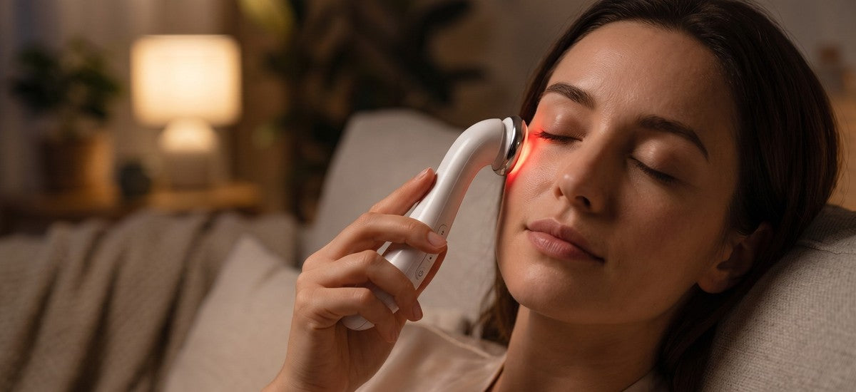 Lazurec Care 096 Augenmassagegerät mit rotem LED-Licht im Wärmemodus an der Augenpartie, entspannte Abendszene