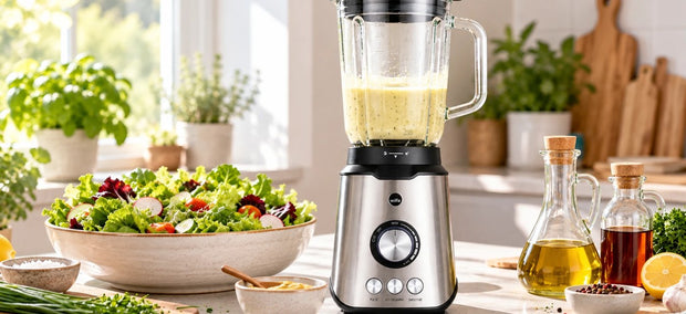 Wilfa Smooth Standmixer mit cremiger Vinaigrette im Krug, daneben Blattsalat sowie Öl und Essig