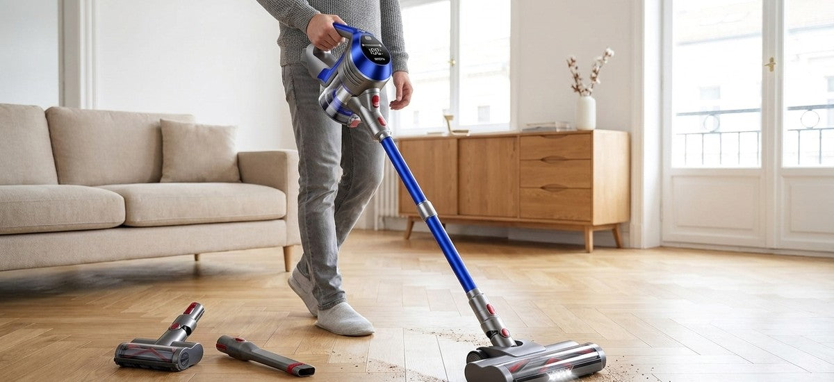 Person bedient den Moosoo AC1 Akku-Staubsauger auf Parkett, daneben liegen Aufsätze, in einem hellen Wohnzimmer