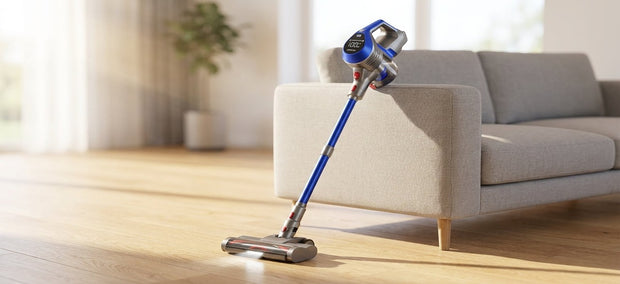 Blau-silberner Akku-Staubsauger im hellen Wohnzimmer neben einem Sofa – NIVAROQ Ratgeber