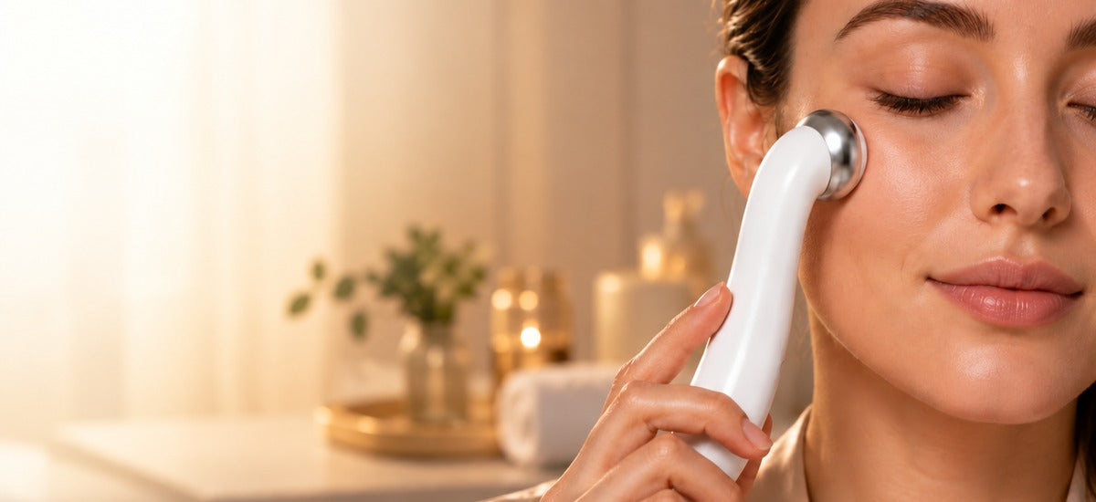 Frau wendet das Lazurec Care 096 Augenmassagegerät am Abend entspannt an der Augenpartie an