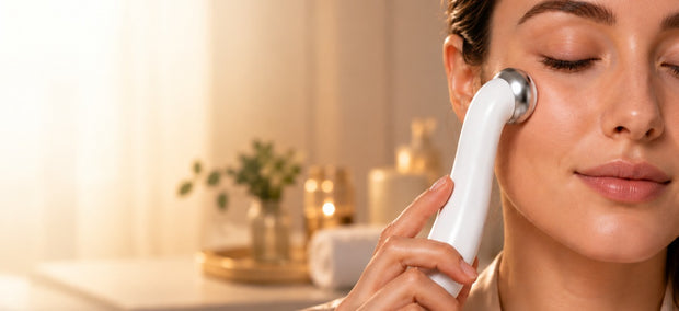 Frau wendet das Lazurec Care 096 Augenmassagegerät am Abend entspannt an der Augenpartie an