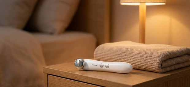 Weißes Lazurec Care 096 Augenmassagegerät auf einem Nachttisch mit warmer Lampe und Strickdecke