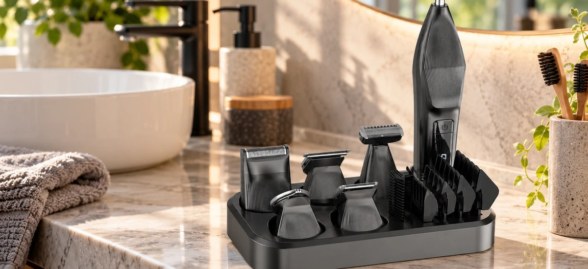 Moosoo RS1901 Barttrimmer-Set mit Wechselaufsätzen auf einer Ablage im hellen Badezimmer