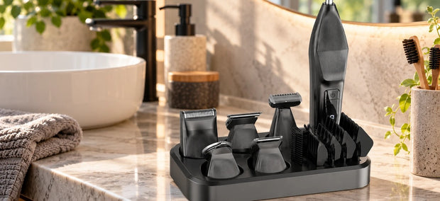 Moosoo RS1901 Barttrimmer-Set mit Wechselaufsätzen auf einer Ablage im hellen Badezimmer