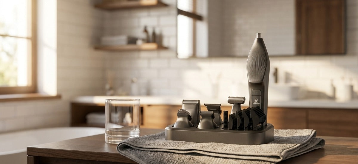 Moosoo RS1901 Barttrimmer-Set in der Ladestation auf einem Handtuch