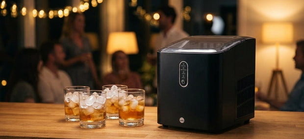 Wilfa Glacier Eiswürfelmaschine auf dem Tisch mit Gläsern voll Eis auf einer Party