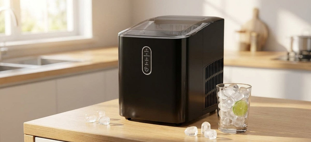 Kompakte schwarze Eiswürfelmaschine auf einer Küchenarbeitsplatte neben einem Glas mit Eiswürfeln und Limette