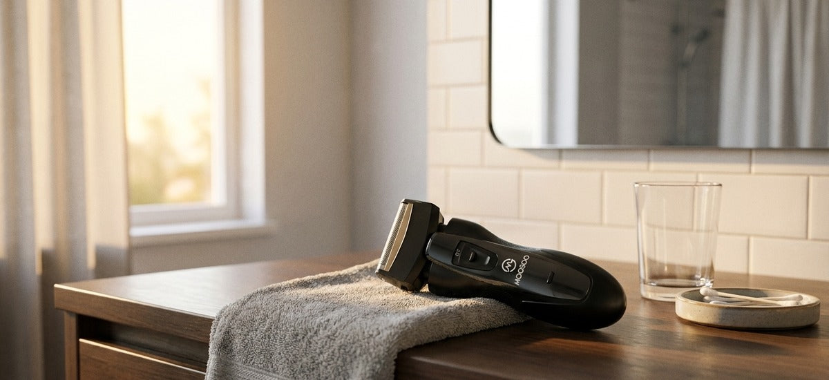 MOOSOO Elektrorasierer RS726 auf einem Handtuch im Badezimmer