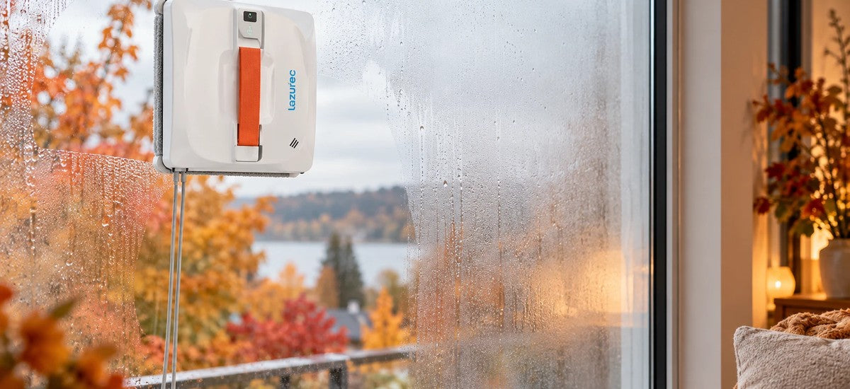 Lazurec A9 Pro Fensterputzroboter reinigt eine beschlagene Scheibe im Herbst mit Blick auf buntes Laub und See