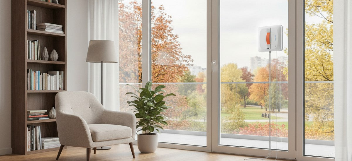 Lazurec A9 Pro Fensterputzroboter mit Strom- und Sicherungsseil an einer glatten Glastür in einer Lese-Ecke – NIVAROQ