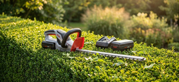 Akku-Heckenschere HT 4055 auf einer frisch geschnittenen Hecke im sonnigen Garten