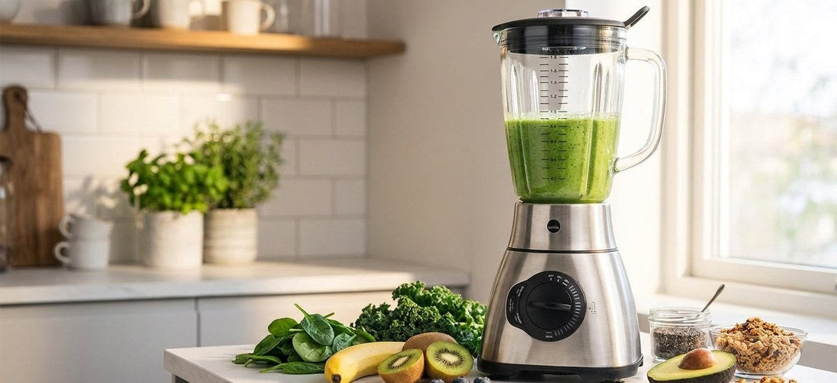 Wilfa Xplode Vital Standmixer mit grünem Smoothie auf heller Küchenzeile