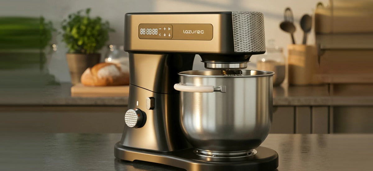 Lazurec Bakara Mix ONE Küchenmaschine mit Edelstahlschüssel vollständig in einer hellen Küche
