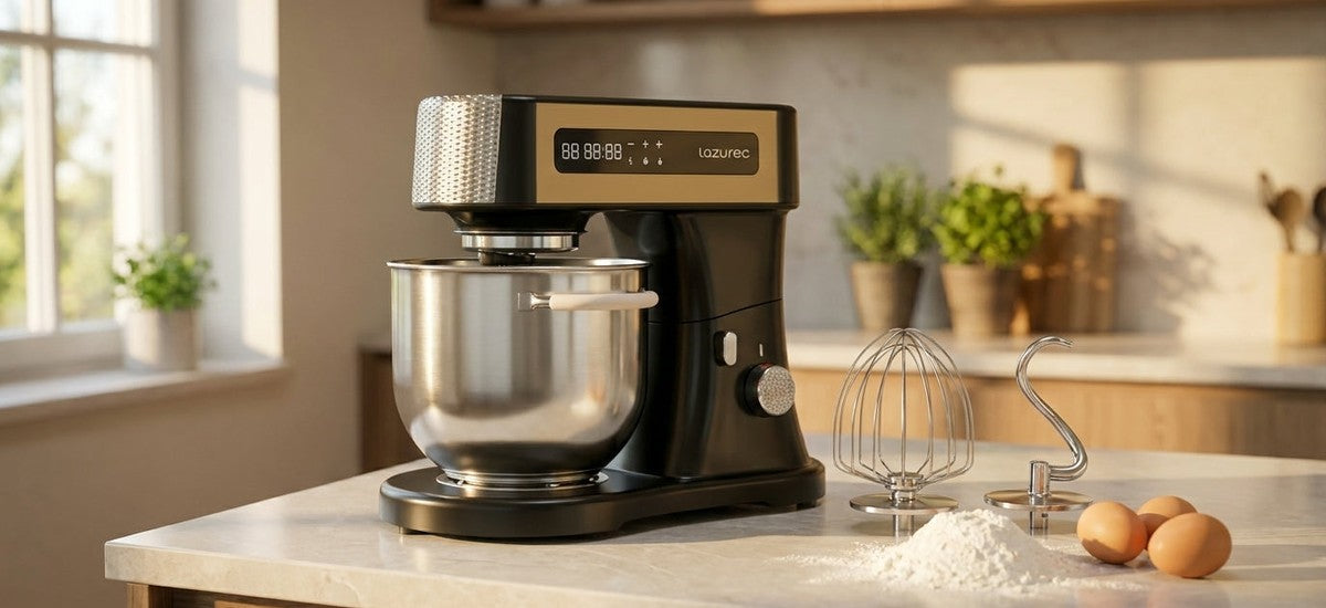 Schwarz-goldene Küchenmaschine mit Edelstahlschüssel und Aufsätzen auf einer Küchenarbeitsplatte