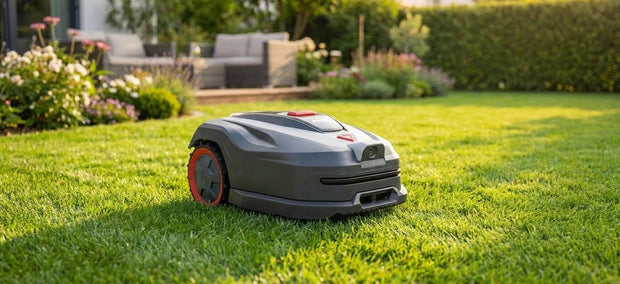 Moderner Mähroboter mit Kamera-Navigation auf einem gepflegten Rasen im Garten