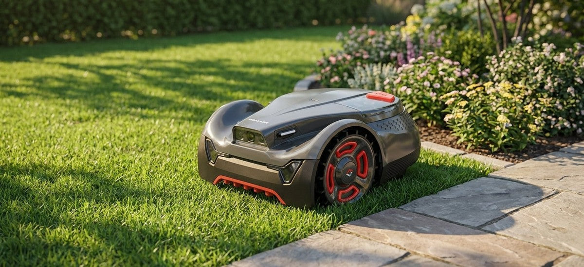 Mähroboter ohne Begrenzungskabel mäht einen kleinen Garten nahe Terrasse und Beet – Goalker H3 Pro, NIVAROQ Ratgeber