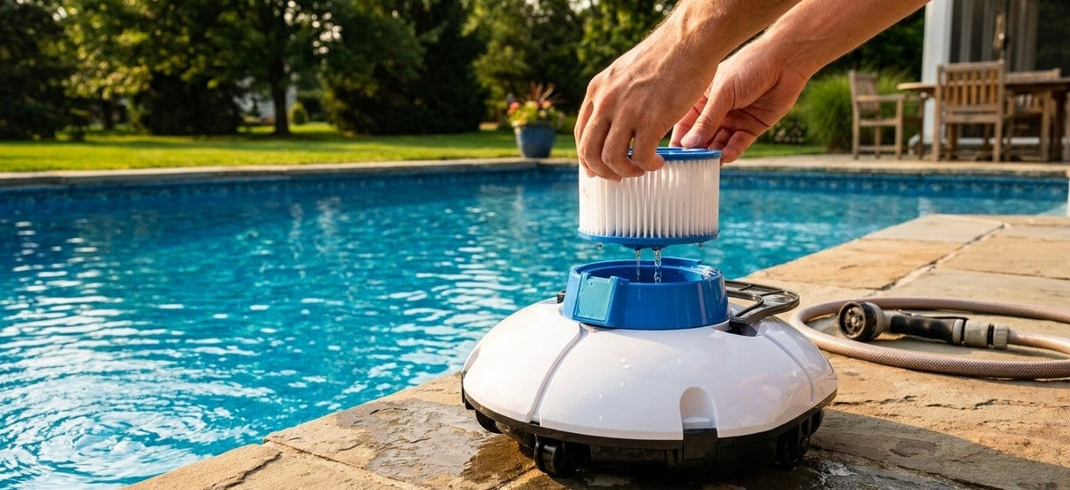 Kompakter Poolroboter am Poolrand, der herausnehmbare Filtereinsatz wird zur Reinigung entnommen
