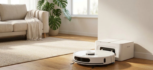 Tesvor S8 Max Saug- und Wischroboter mit Box-Absaugstation im Wohnzimmer – NIVAROQ