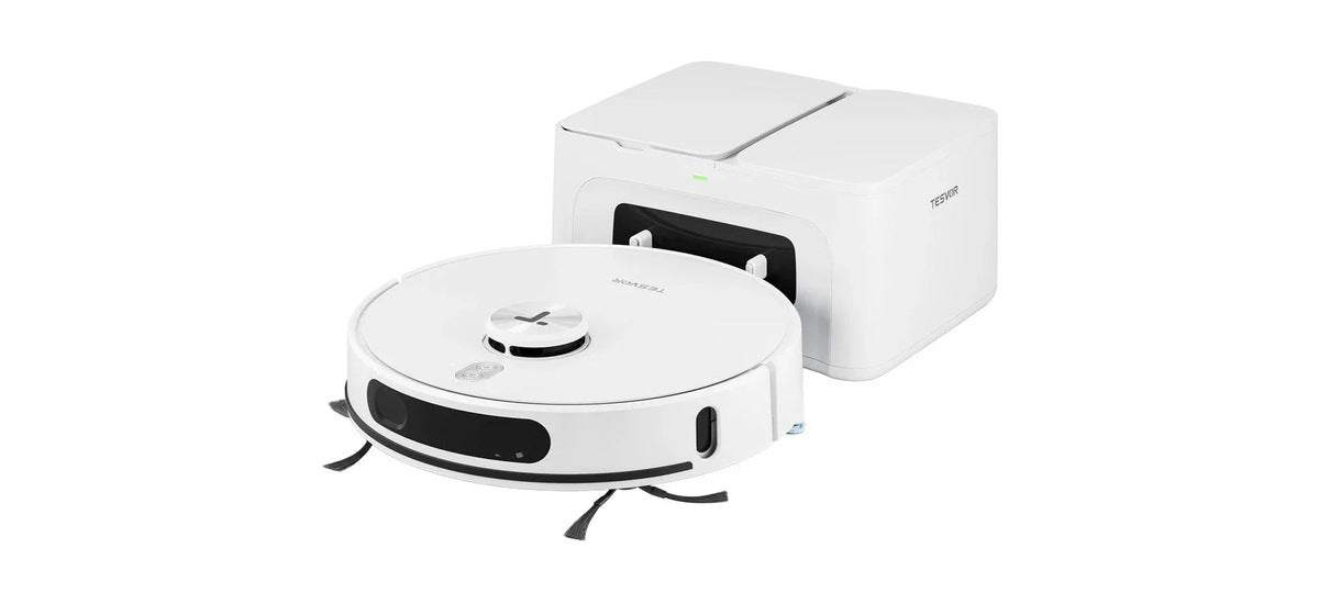 Tesvor S8 Max Saug- und Wischroboter mit geöffnetem Deckel, Staubbehälter und Wassertank sichtbar