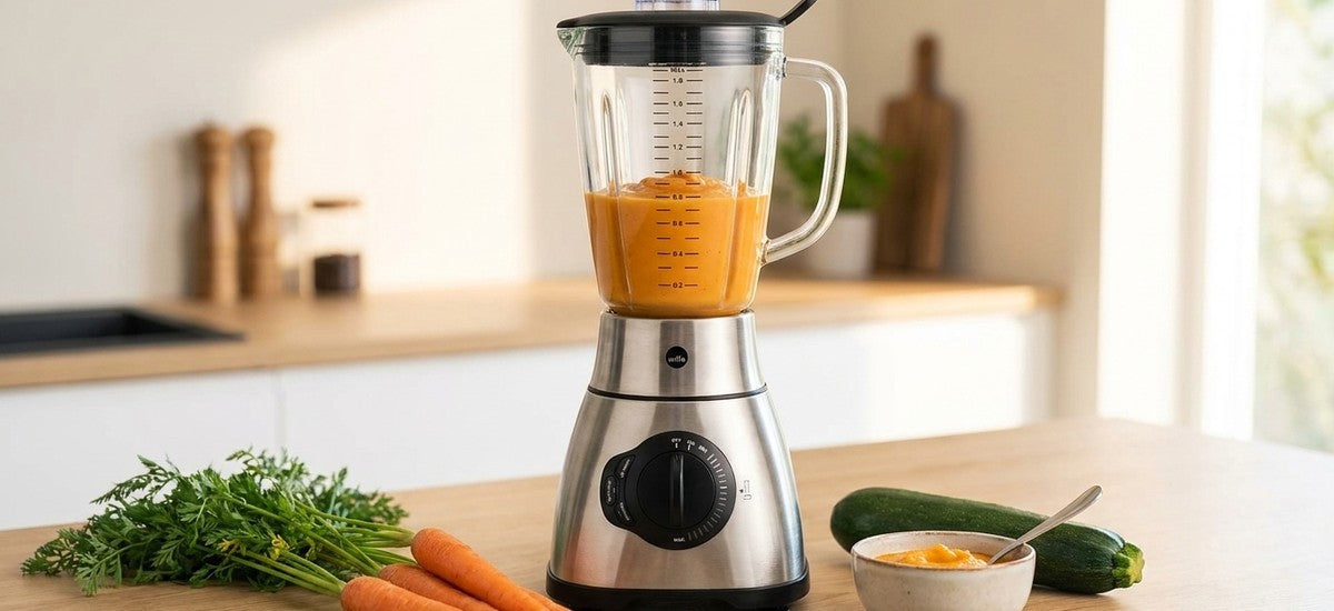 Wilfa Xplode Vital Standmixer mit Möhrenpüree auf der Küchen-Arbeitsplatte, daneben Karotten und Zucchini