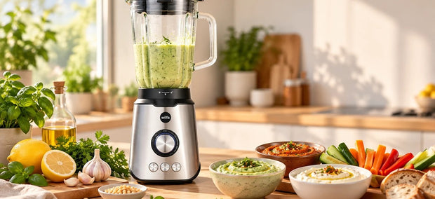 Wilfa Smooth Standmixer mit cremigem Dip, dazu Schälchen mit Dips und Saucen, Gemüse und Kräuter