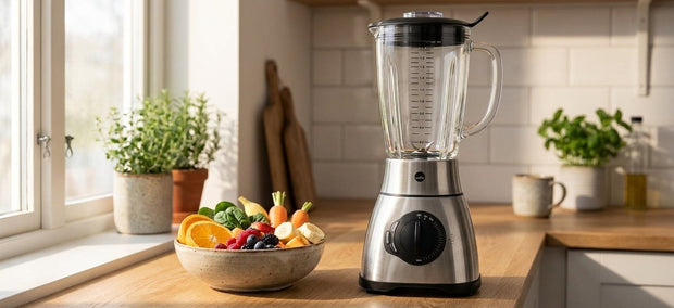 Standmixer mit Glaskrug auf einer modernen Küchenarbeitsfläche