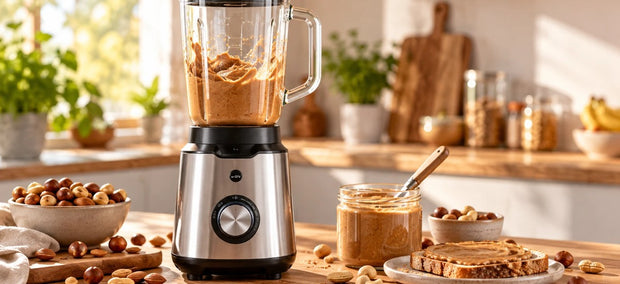 Wilfa Smooth Standmixer mit cremigem Nussmus im Glaskrug, dazu Schüsseln mit Nüssen und ein Glas Nussmus
