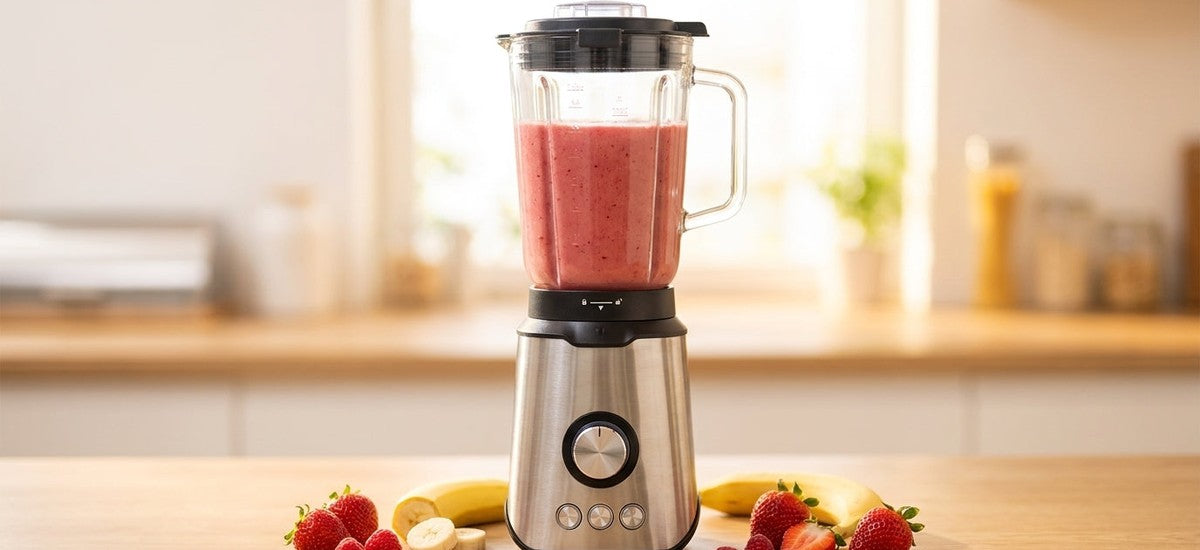 Standmixer mit einem cremigen roten Proteinshake und frischen Beeren auf der Küchentheke – Ratgeber NIVAROQ