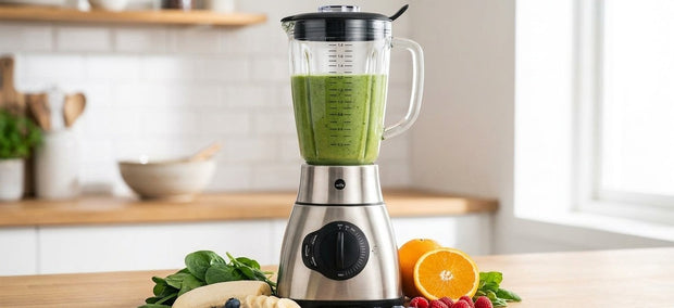 Wilfa Xplode Vital Standmixer mit grünem Smoothie und frischen Zutaten auf der Küchentheke