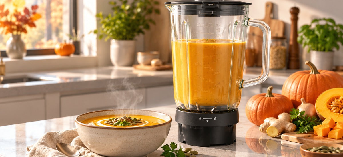 Wilfa Smooth Standmixer mit cremiger Kürbissuppe im Glaskrug in einer herbstlichen Küche