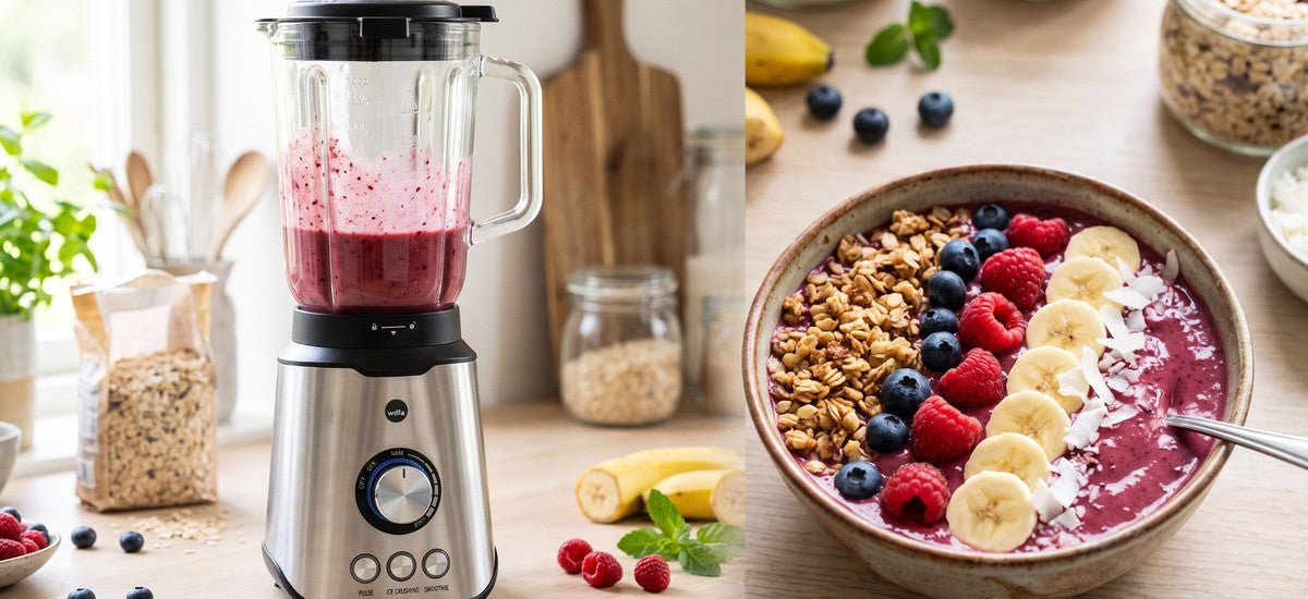 Wilfa Smooth Standmixer mit Beeren-Smoothie und daneben eine fertige Smoothie-Bowl mit Toppings