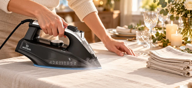 Moosoo SG-8005-1 Dampfbügeleisen glättet eine helle Leinen-Tischdecke, daneben gefaltete Servietten und festlich gedeckte Tafel