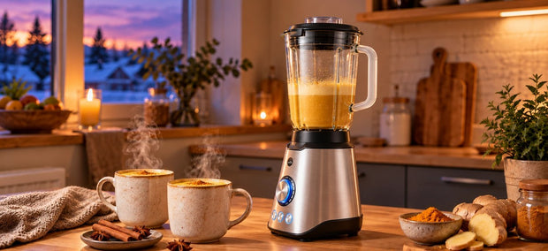 Wilfa Smooth Standmixer mit Goldener Milch im Glaskrug, daneben zwei dampfende Tassen Gewürzmilch, Zimt, Kurkuma und Ingwer