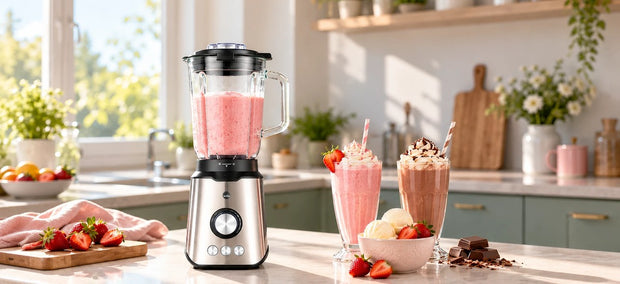Wilfa Smooth Standmixer mit Erdbeer-Milchshake im Glaskrug, daneben Erdbeer- und Schoko-Milchshake mit Sahne und eine Schale Vanilleeis
