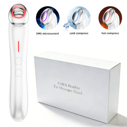 Augenmassagegerät neben Verpackung „Cold & HeatEye“; LED-Ring für kalt/ warm sichtbar