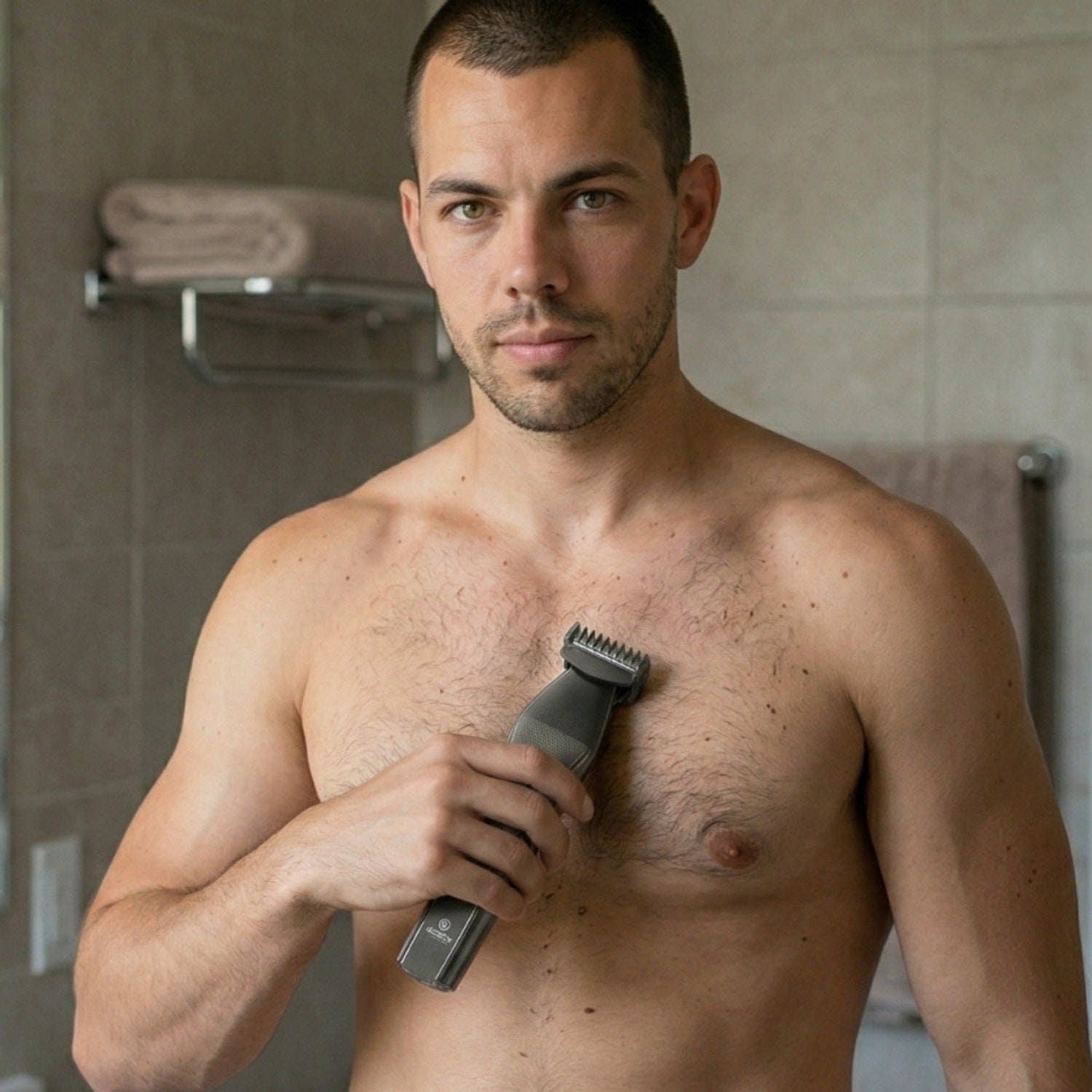 Mann verwendet einen elektrischen Körpertrimmer im Badezimmer, um Brusthaare zu pflegen.