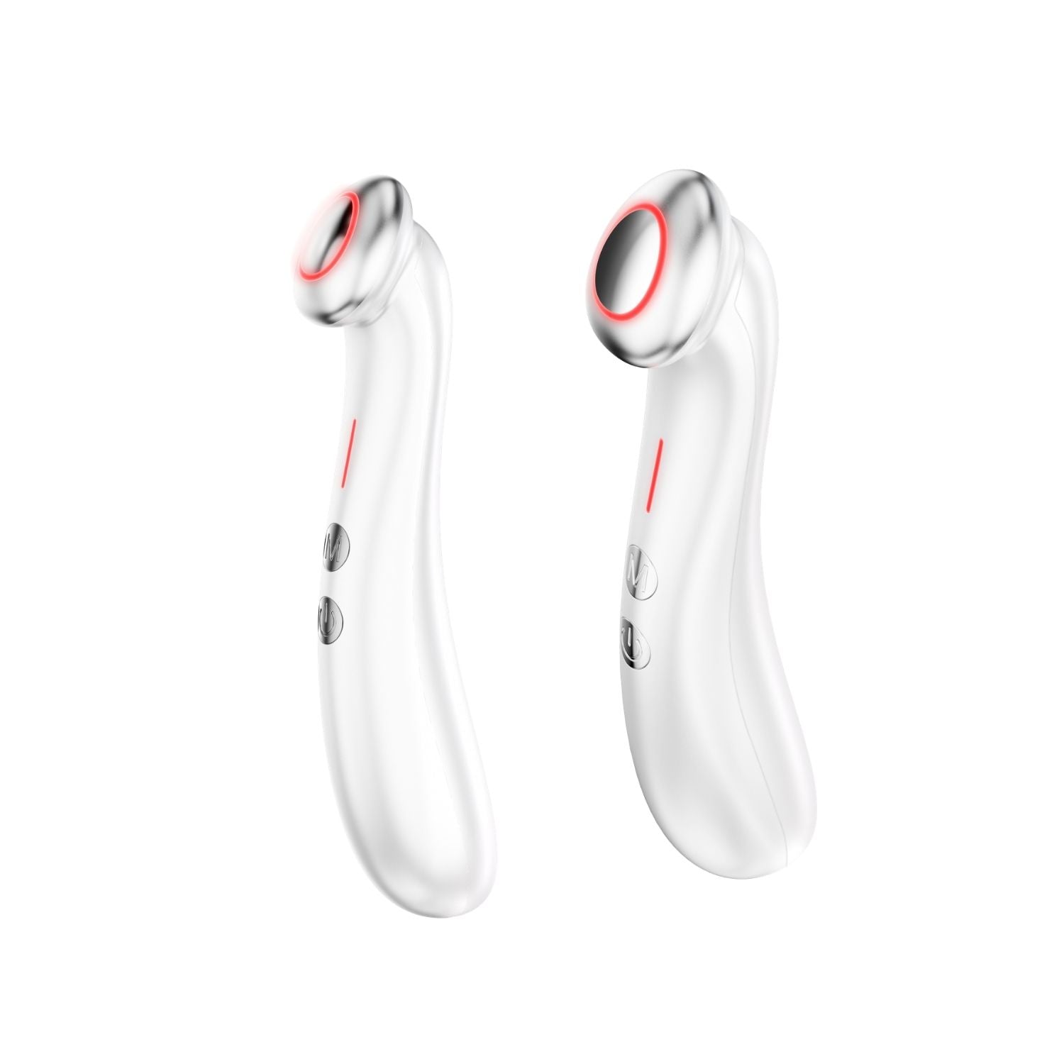 Augenmassagegerät, seitliche Ansicht; silberfarben mit rotem LED-Ring und Bedientasten