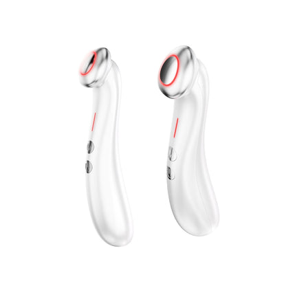 Augenmassagegerät, seitliche Ansicht; silberfarben mit rotem LED-Ring und Bedientasten
