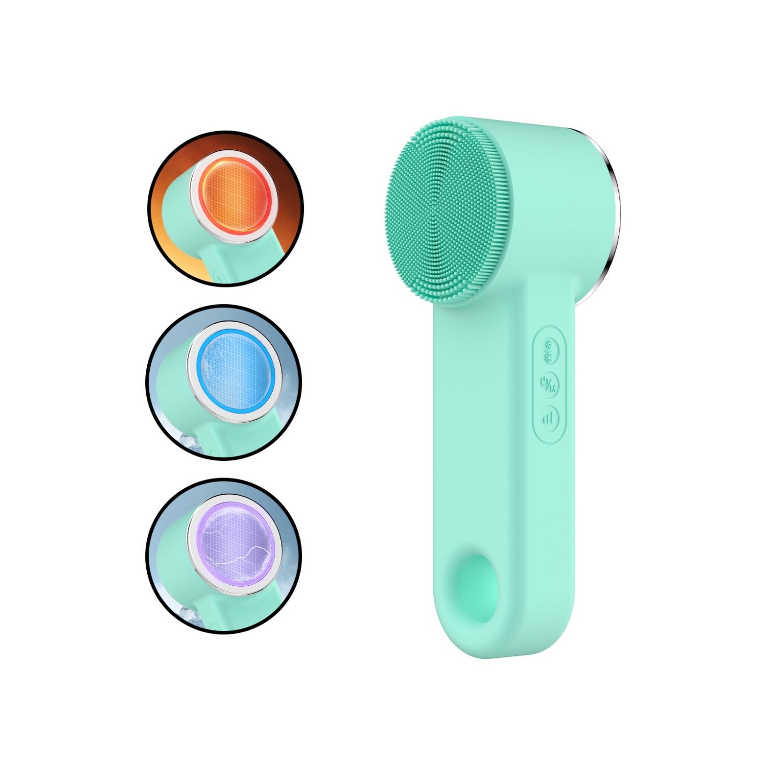 The Lazurec Care 083 Gesichtsreinigungsbürste in mint green has silicone bristles, Wärme- & Kühlfunktion, and control buttons. Three inset images show red, blue, and purple light therapy modes on the device.